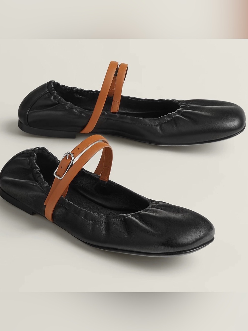 NEW Hermes Black Leather Ballet Flats with Tan Double Straps - Jolly Ballet Flat